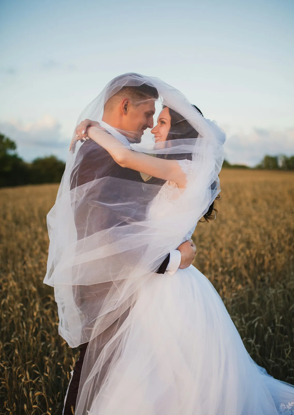 Novios abrazados bajo el velo en un campo